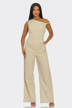 Draped One-Shoulder Wide-Leg Jumpsuit - Stone