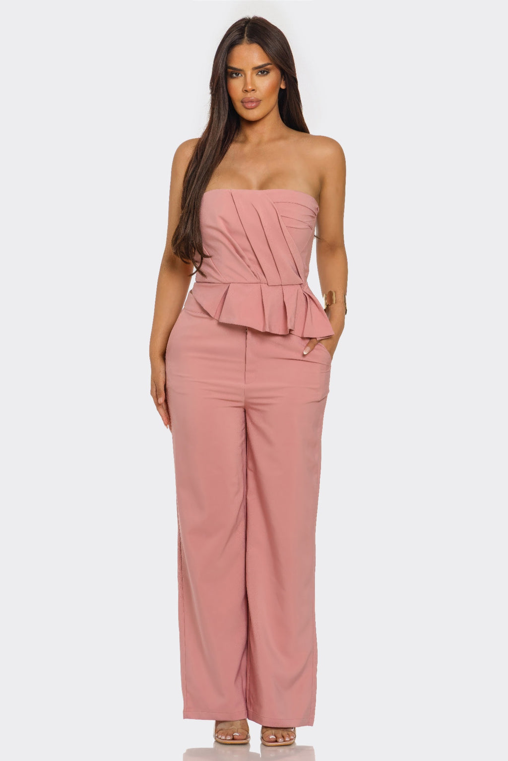 Strapless Peplum Wide-Leg Set - Mauve