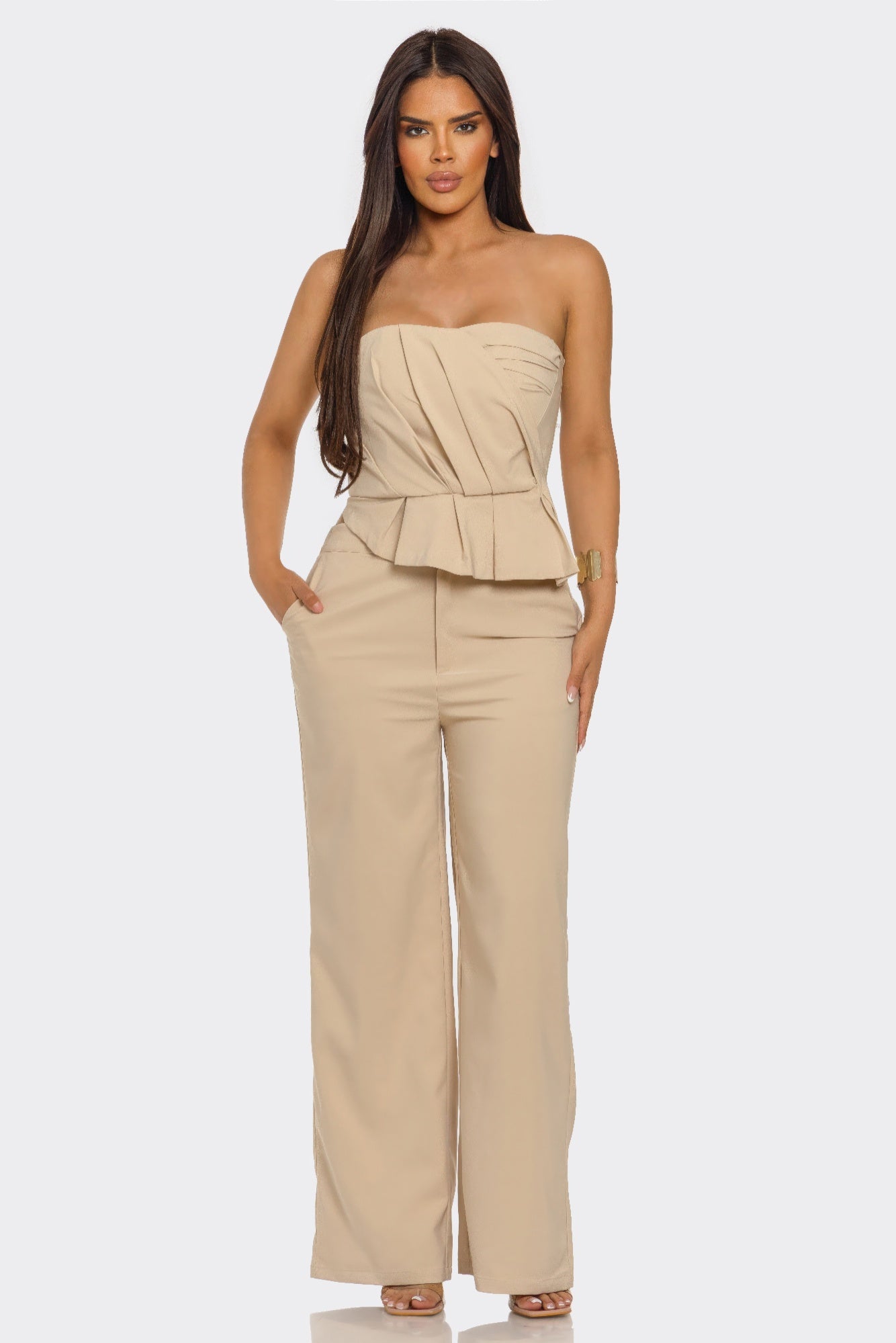 Strapless Peplum Wide-Leg Set - Taupe