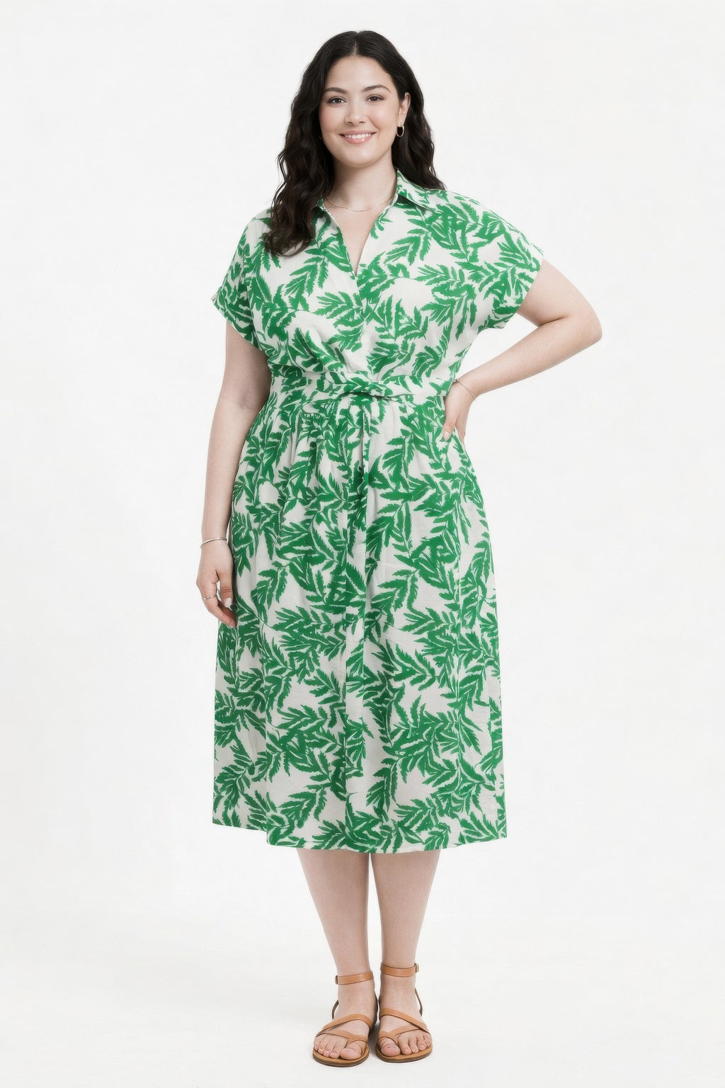 Botanical Collared Midi Wrap Dress - Green