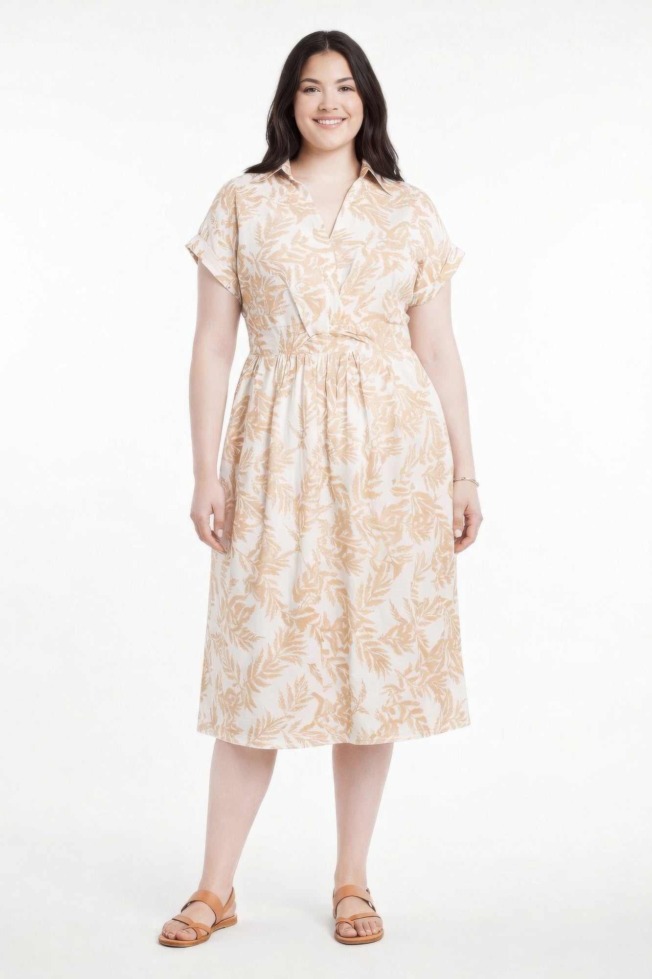 Botanical Collared Midi Wrap Dress - Coffee