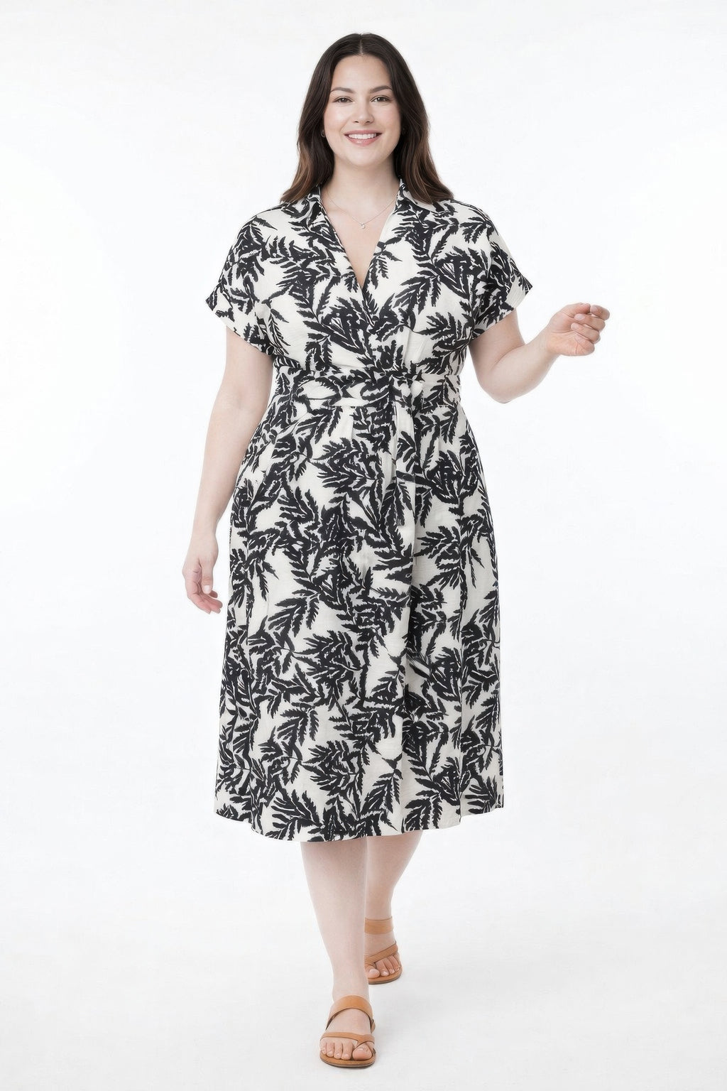 Botanical Collared Midi Wrap Dress - Black