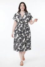 Botanical Collared Midi Wrap Dress - Black
