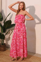 Petal Print Strapless Maxi Dress - Pink