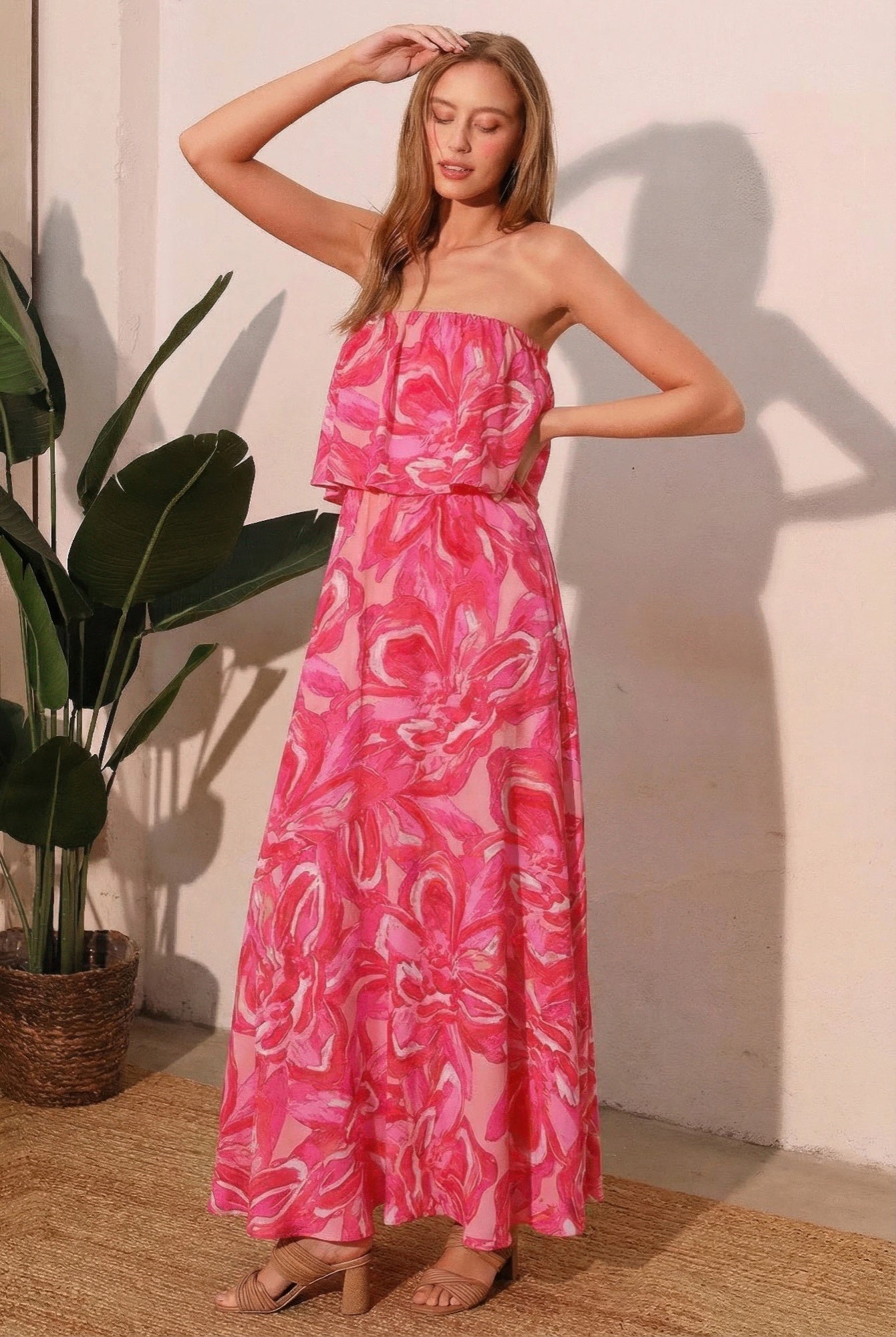 Petal Print Strapless Maxi Dress - Pink