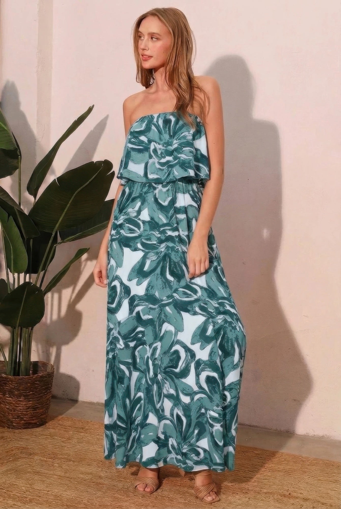 Petal Print Strapless Maxi Dress - Teal