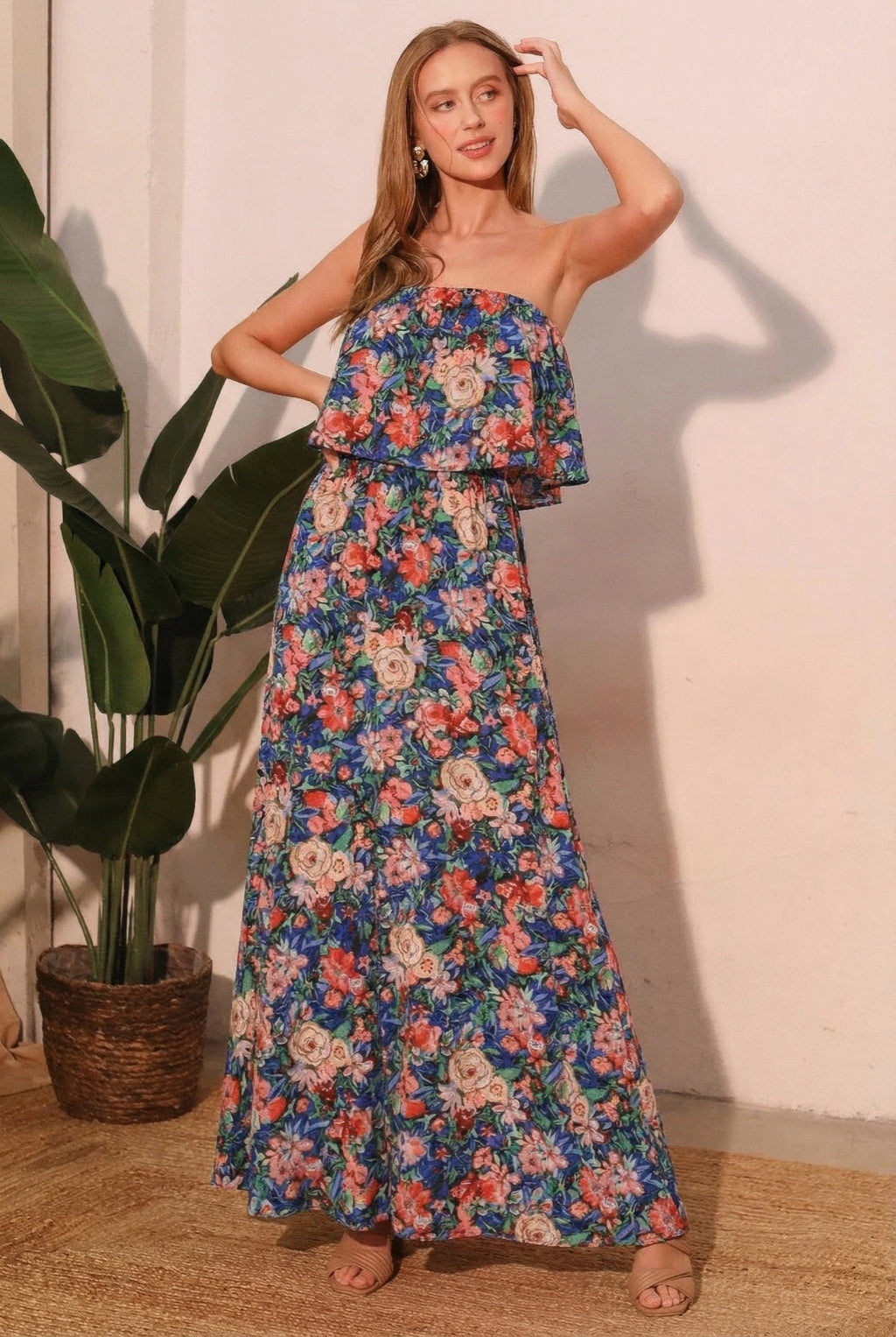 Floral Split Strapless Maxi Dress - Blue