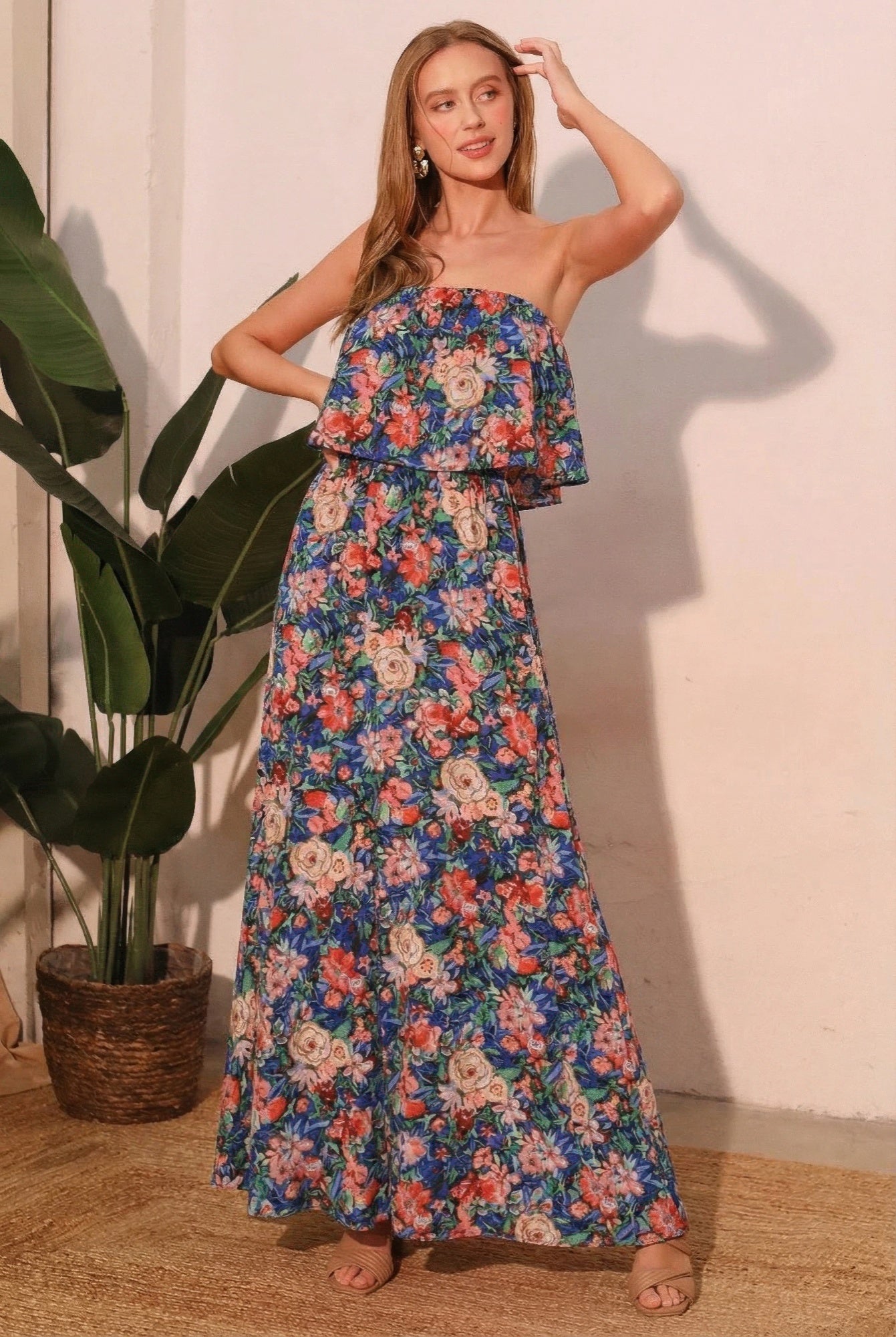 Floral Split Strapless Maxi Dress - Blue