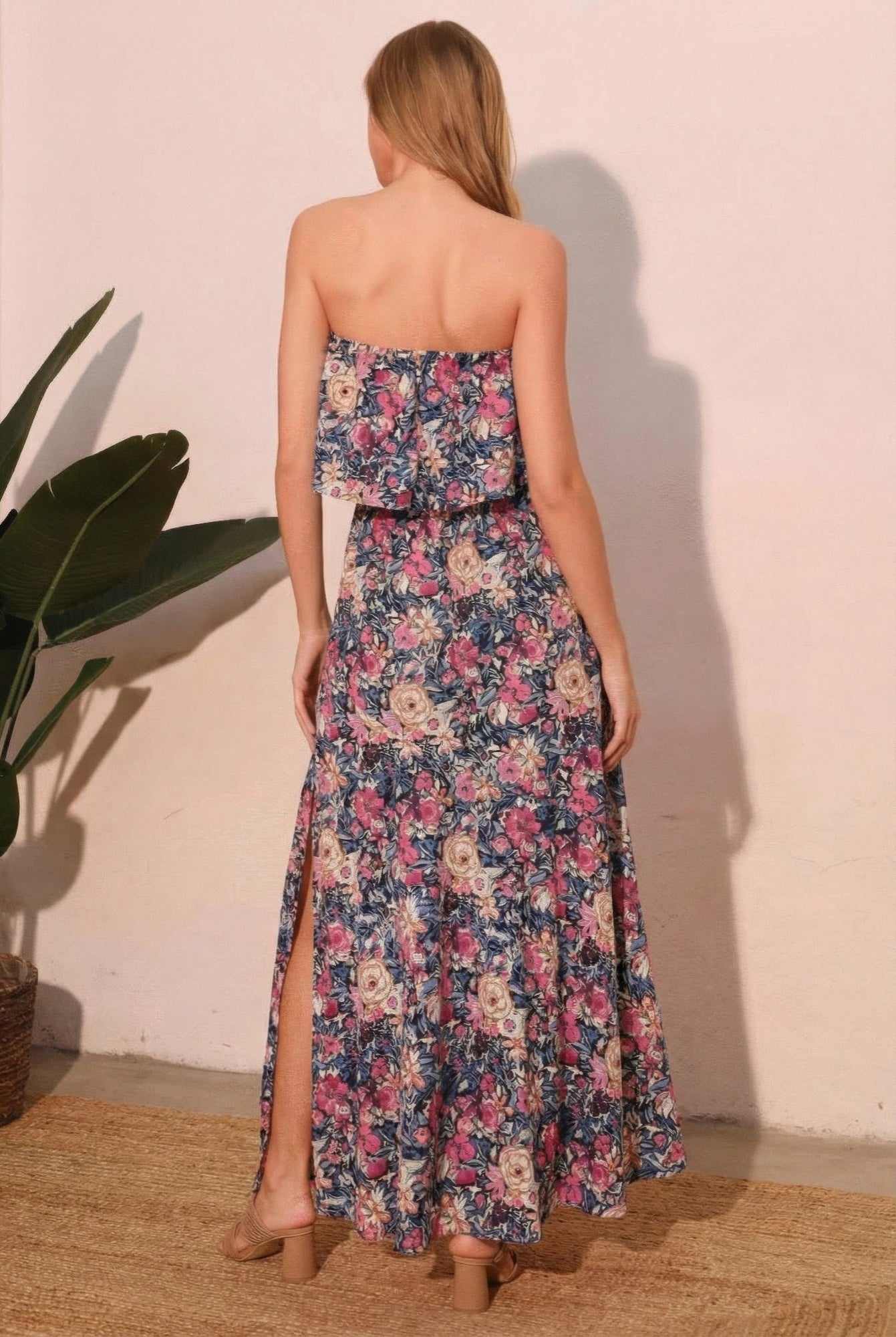Floral Split Strapless Maxi Dress -