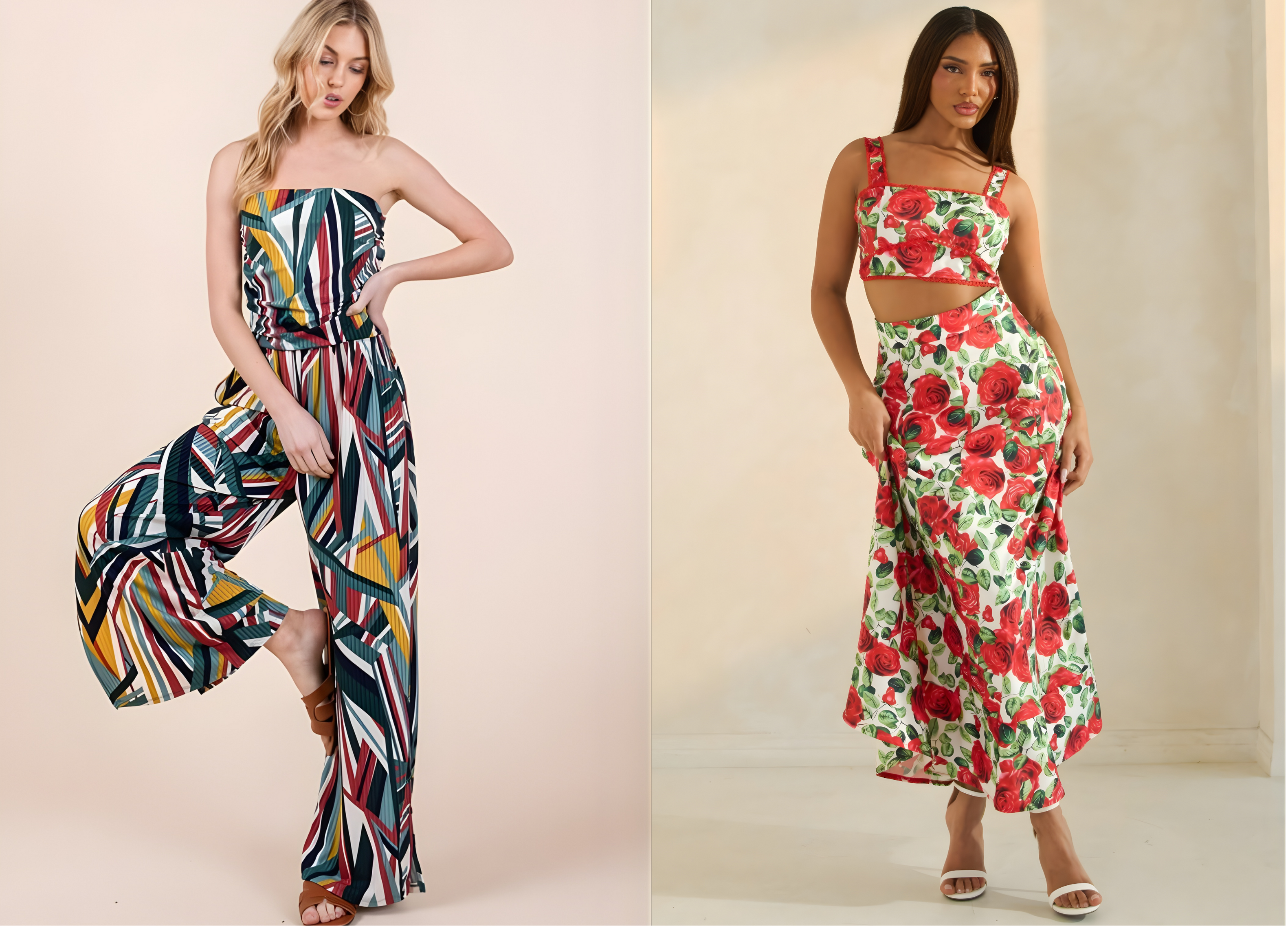 Two women wearing colorful dresses with abstract and floral patterns on a plain background.