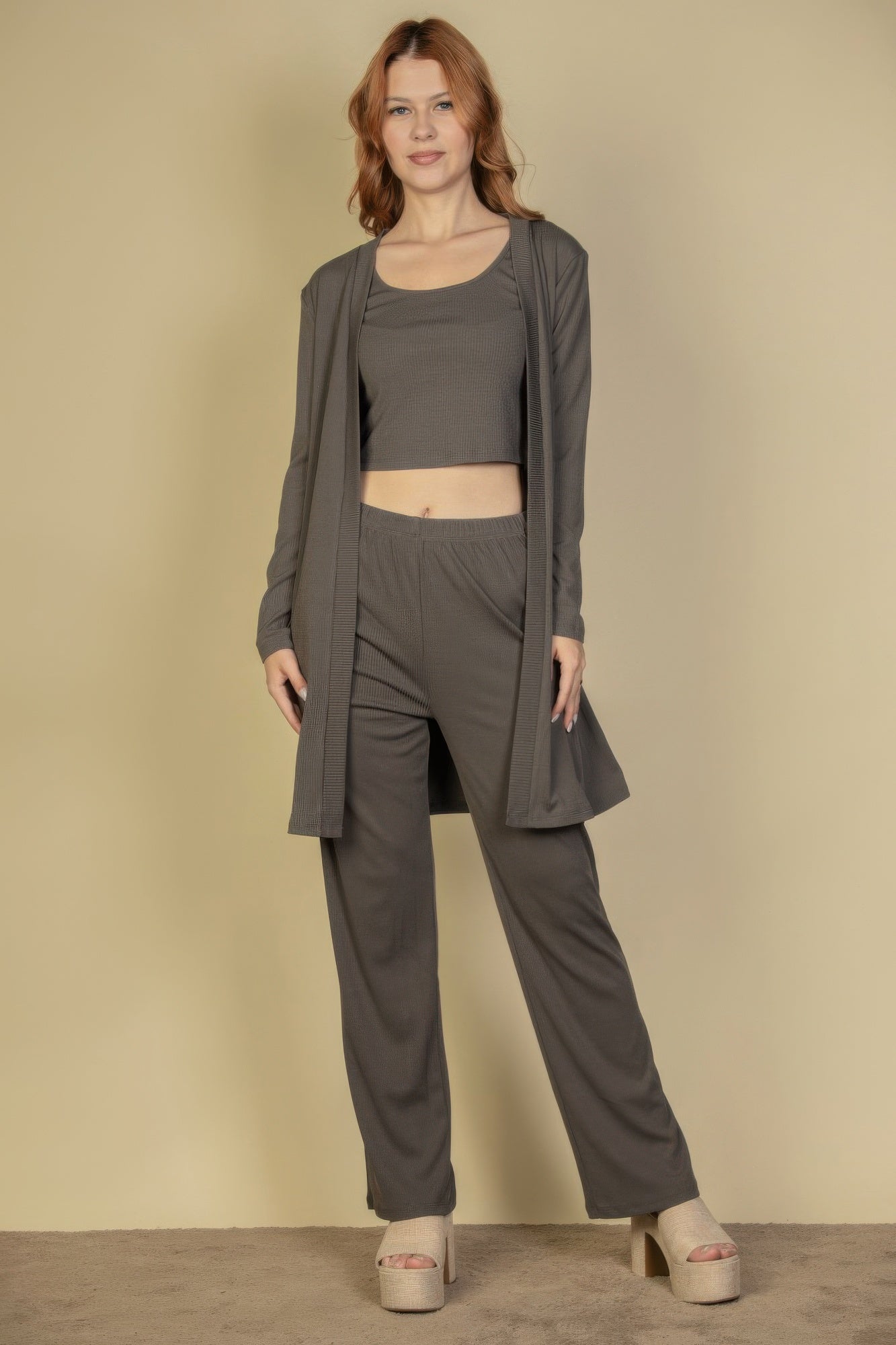 Three Piece Ribbed Cami Cardigan Set -