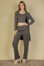 Three Piece Ribbed Cami Cardigan Set - Grey