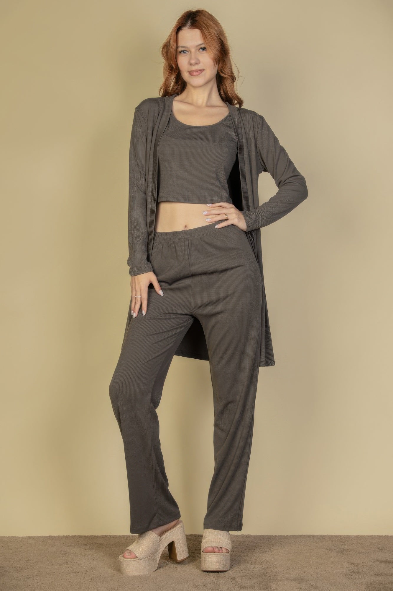 Three Piece Ribbed Cami Cardigan Set - Grey