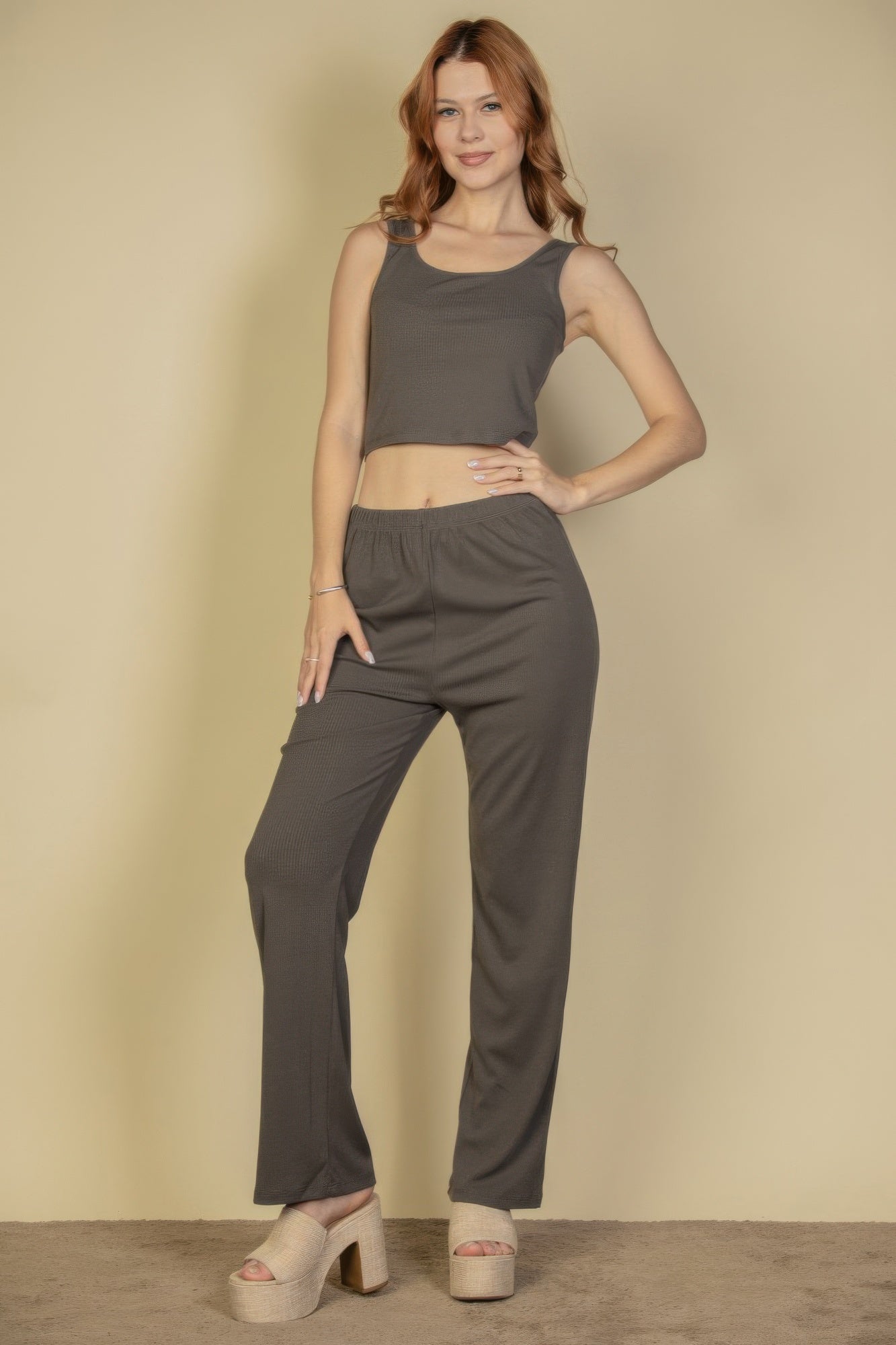 Three Piece Ribbed Cami Cardigan Set -