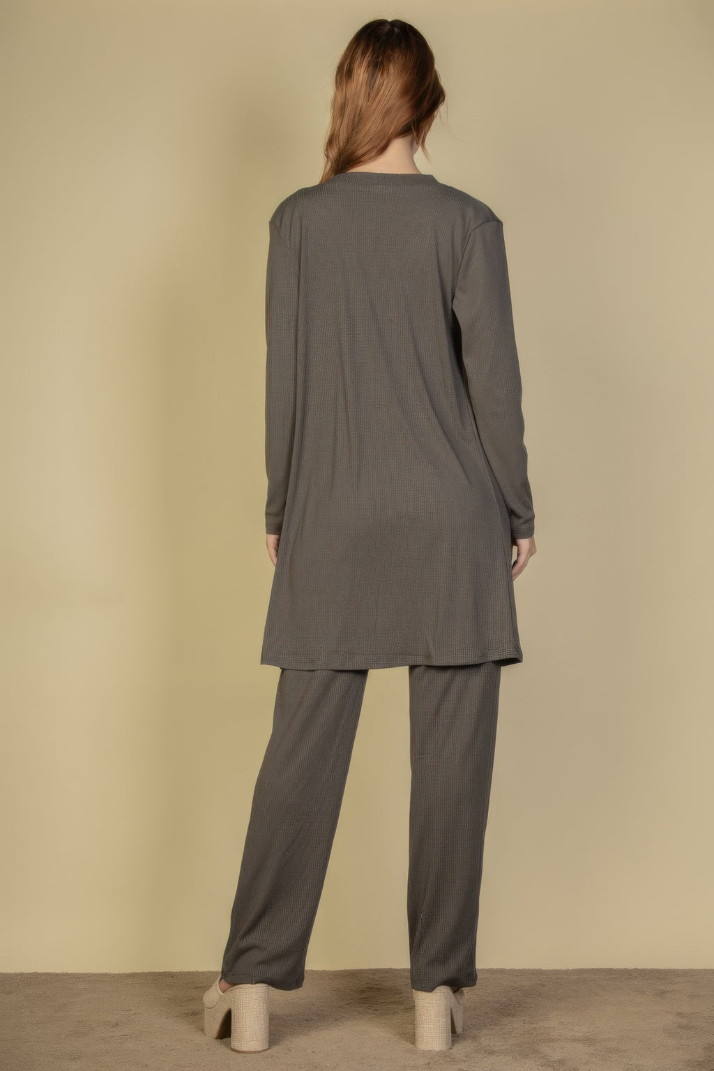 Three Piece Ribbed Cami Cardigan Set -