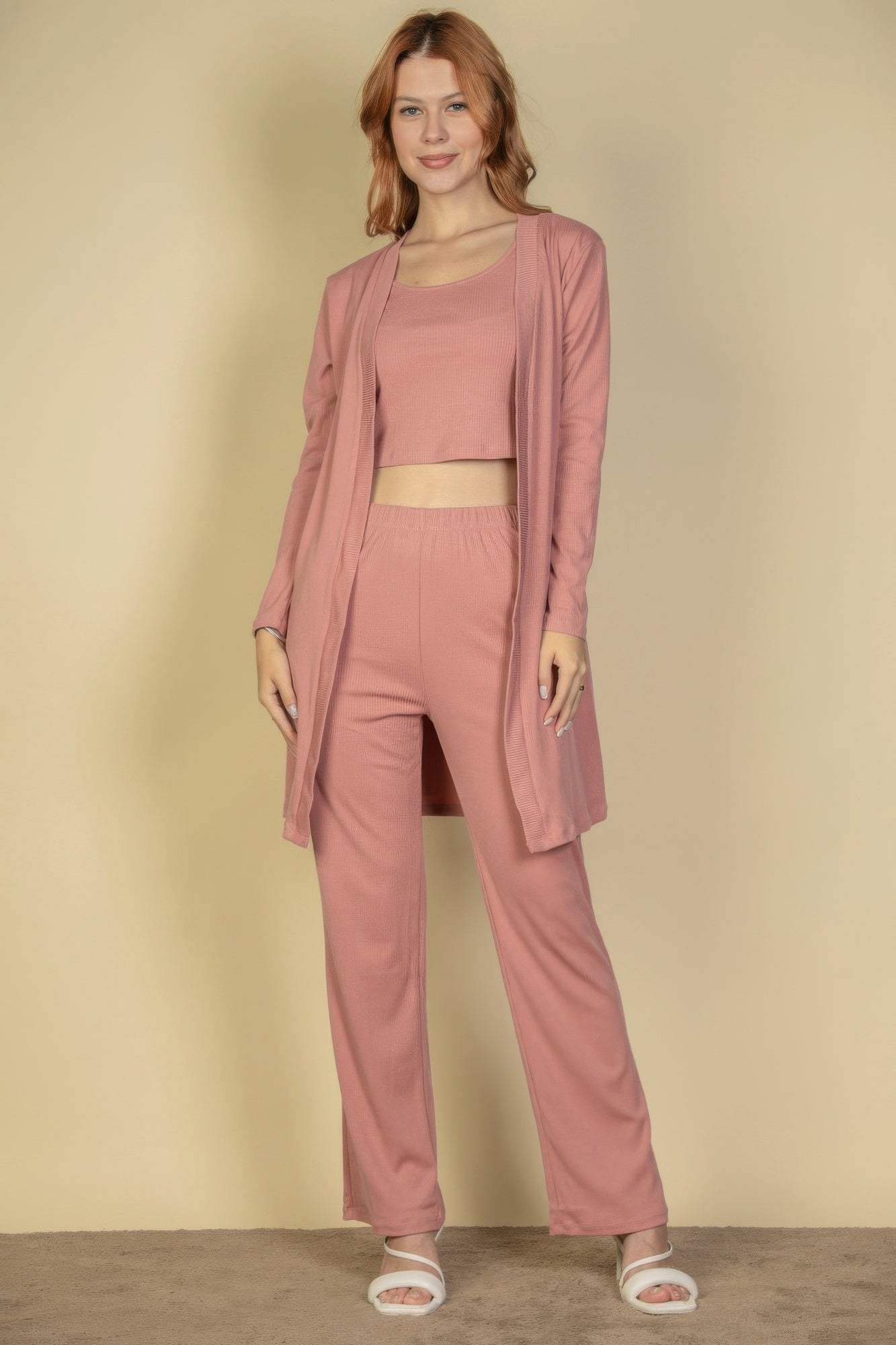 Three Piece Ribbed Cami Cardigan Set -