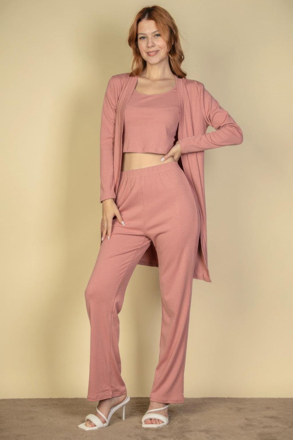 Three Piece Ribbed Cami Cardigan Set - Rosewood