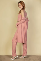 Three Piece Ribbed Cami Cardigan Set -