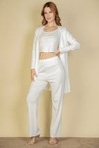 Three Piece Ribbed Cami Cardigan Set - Off White