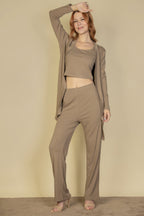 Three Piece Ribbed Cami Cardigan Set - Taupe