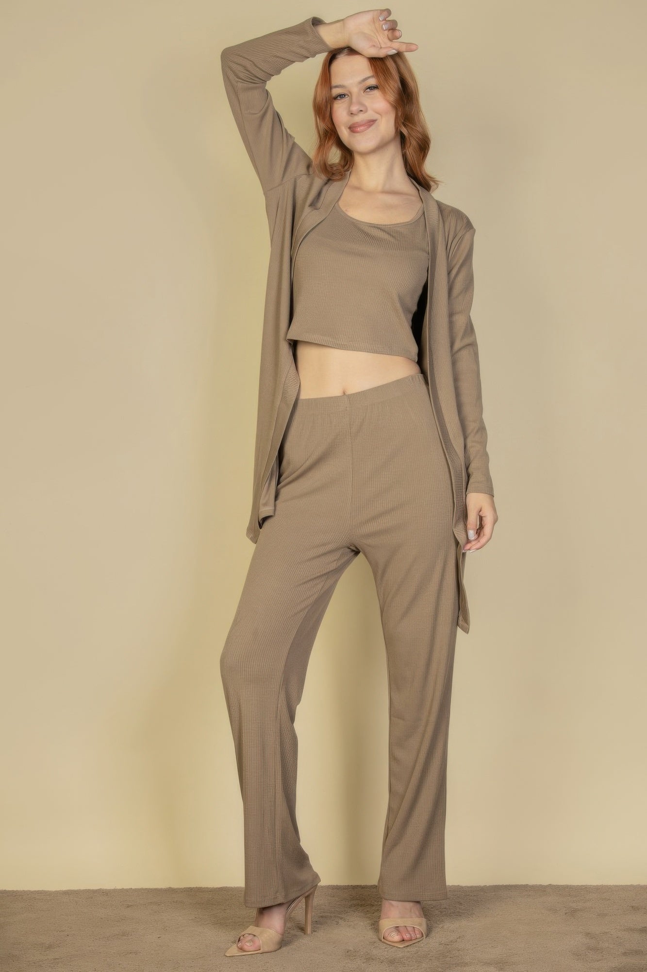 Three Piece Ribbed Cami Cardigan Set - Taupe
