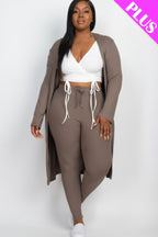 Plus Ribbed Cardigan and Leggings Set - Taupe