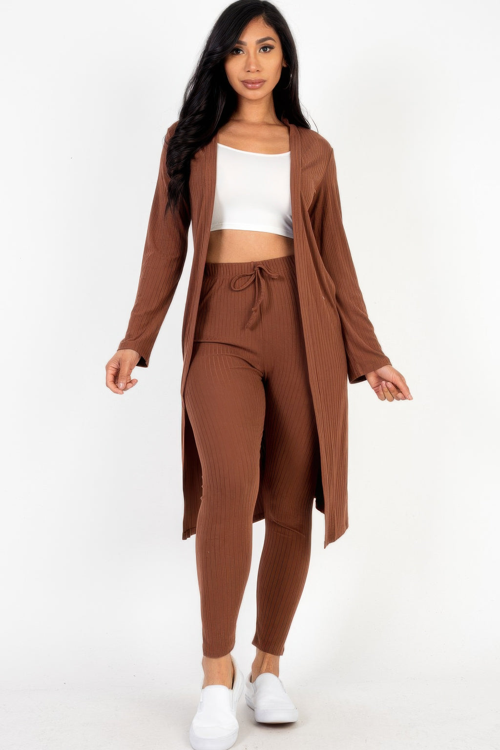 Ribbed Cardigan and Leggings Set - Downtown Brown