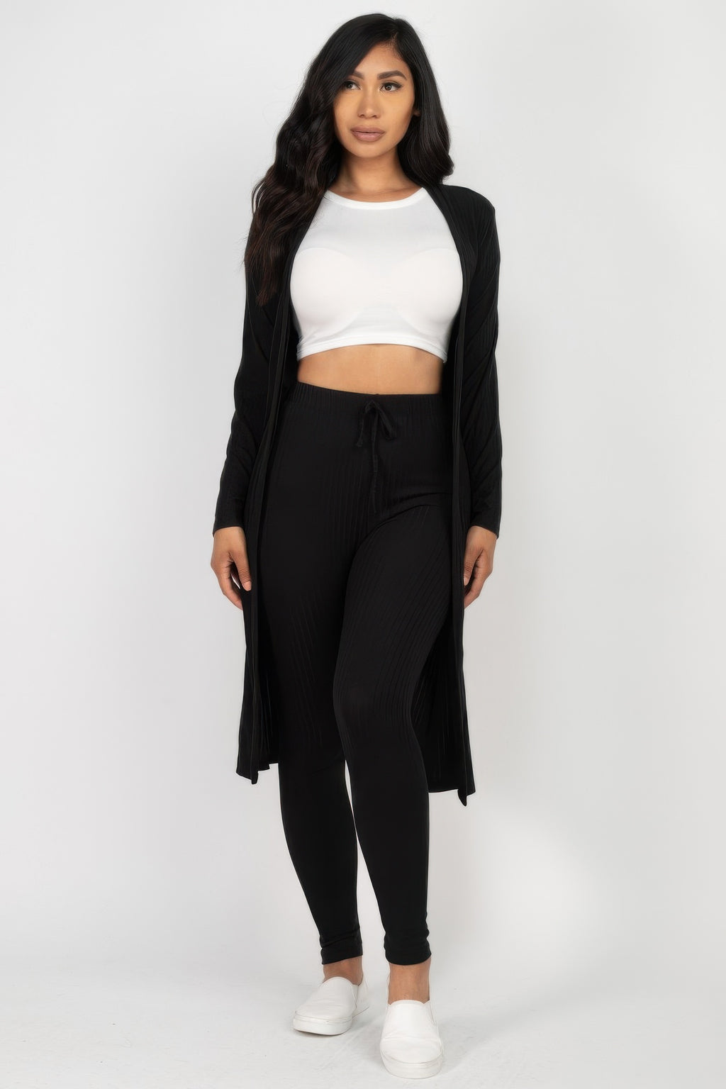 Ribbed Cardigan and Leggings Set - Black