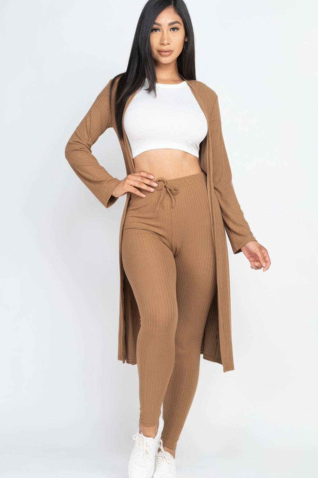 Ribbed Cardigan and Leggings Set - Mocha