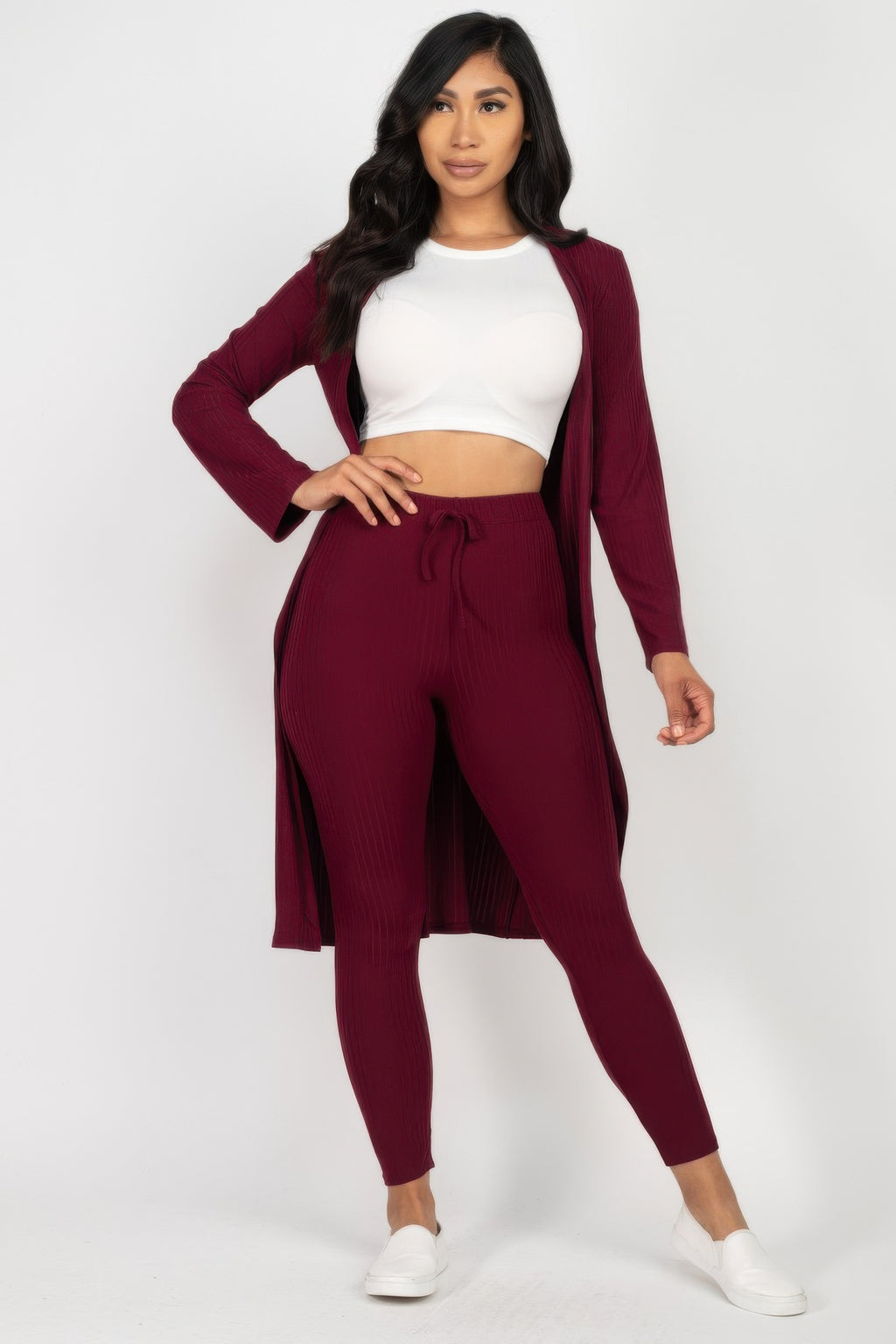 Ribbed Cardigan and Leggings Set - Burgundy