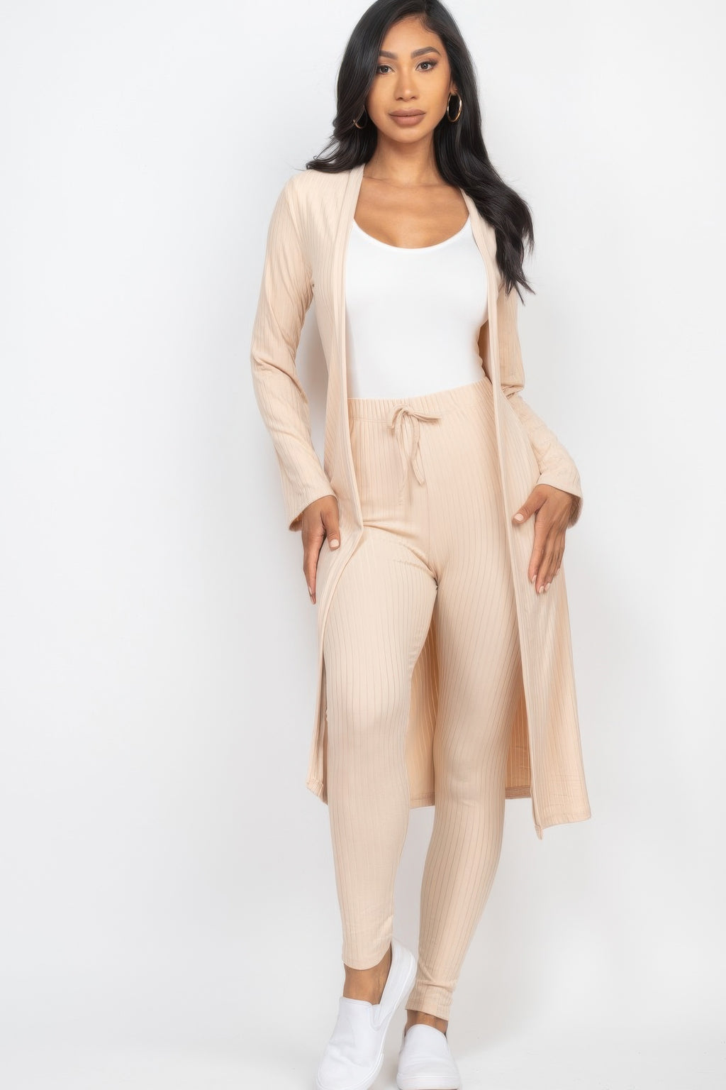 Ribbed Cardigan and Leggings Set - Khaki