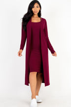 Ribbed Cami Dress Cardigan Set - Burgundy