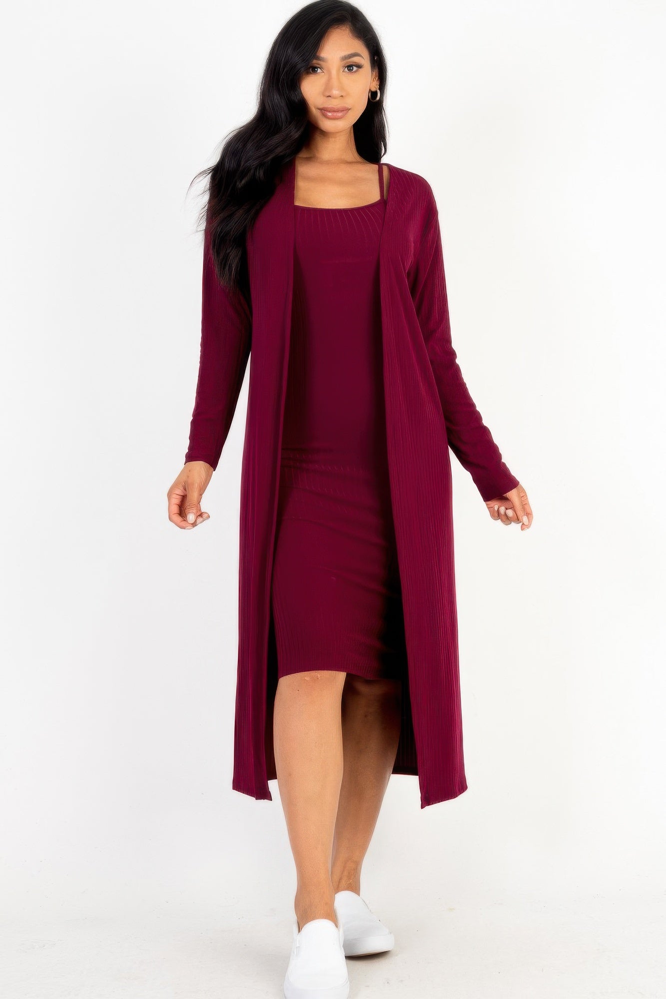 Ribbed Cami Dress Cardigan Set - Burgundy