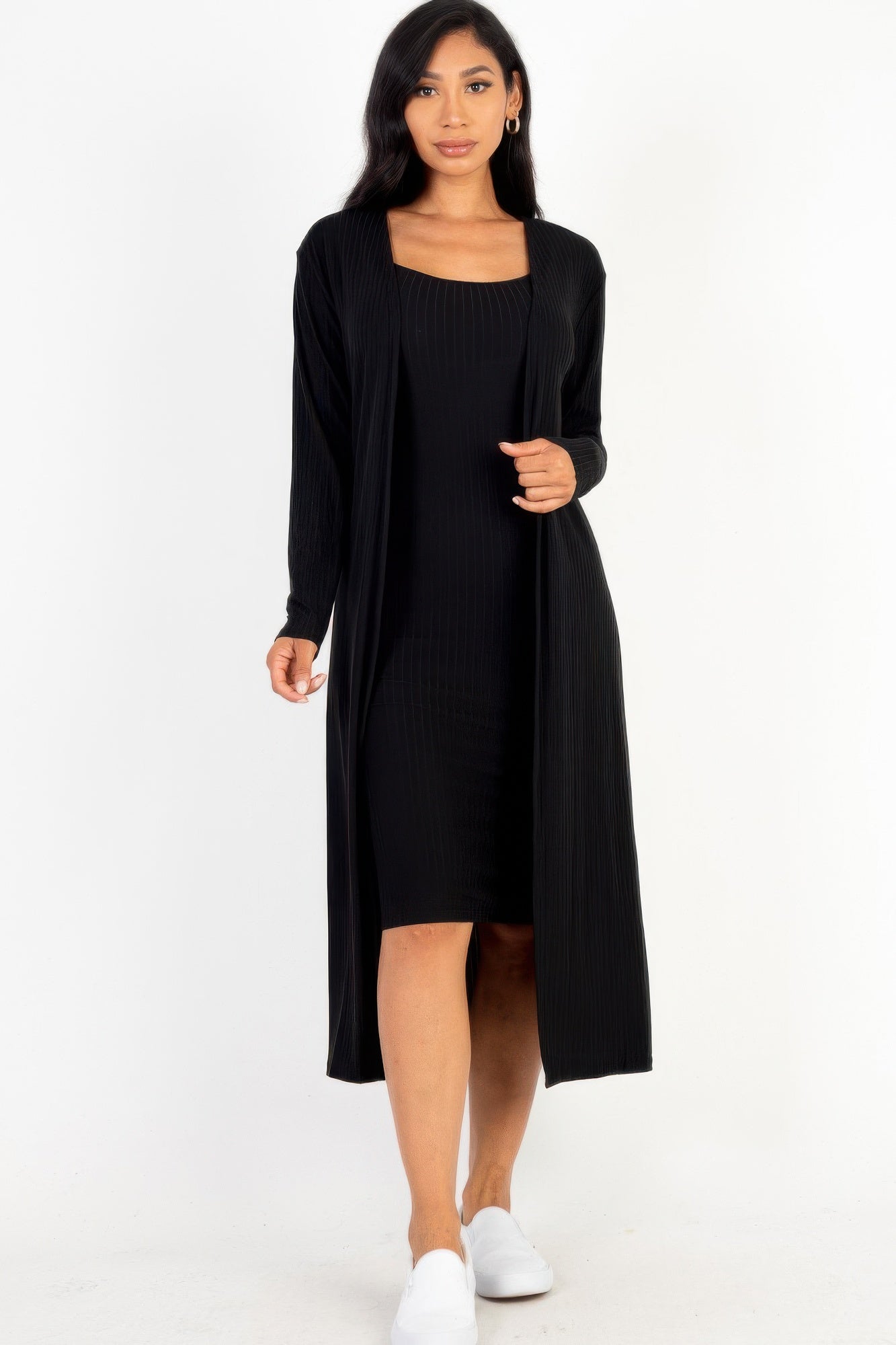 Ribbed Cami Dress Cardigan Set - Black