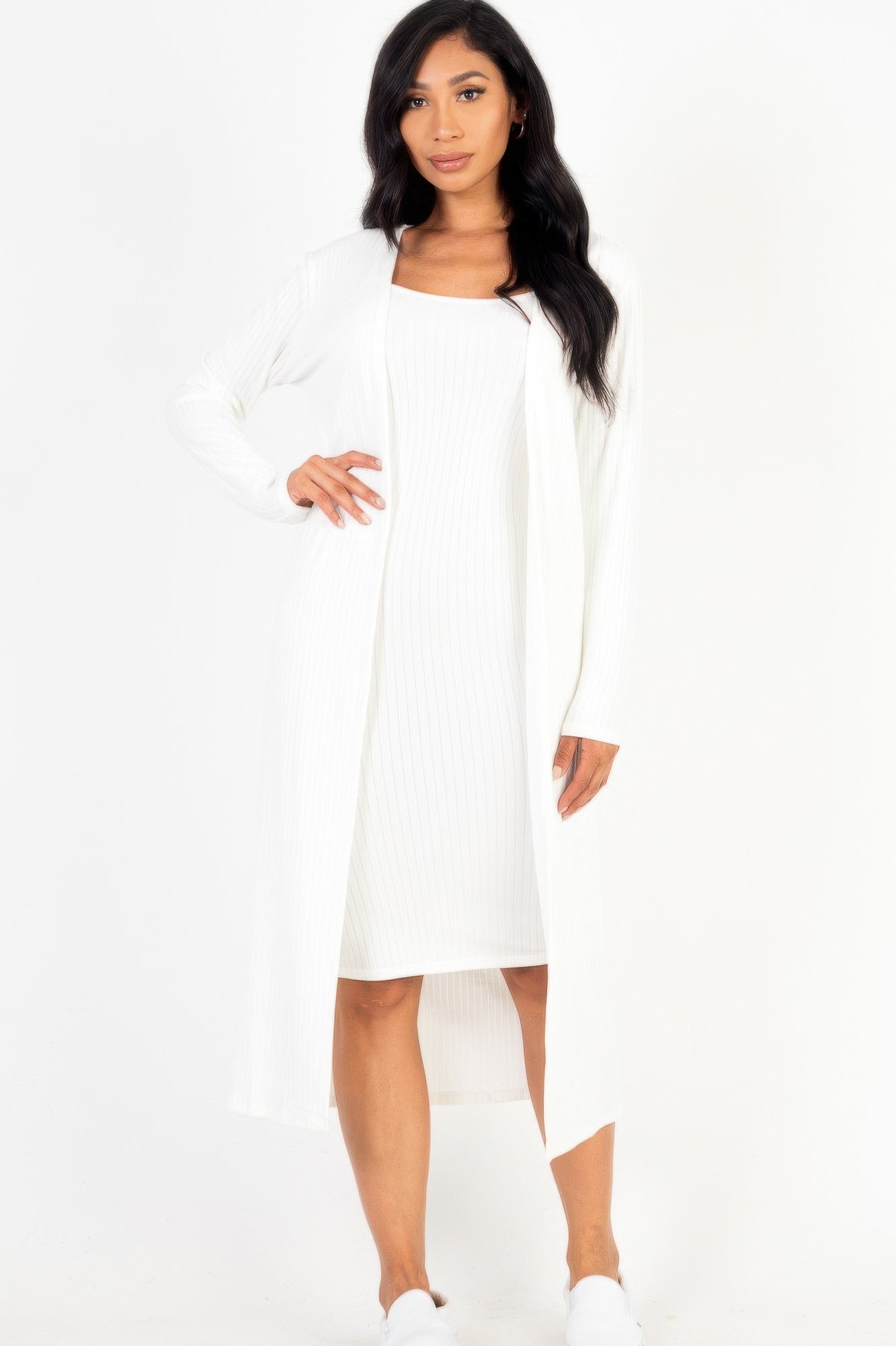 Ribbed Cami Dress Cardigan Set - White