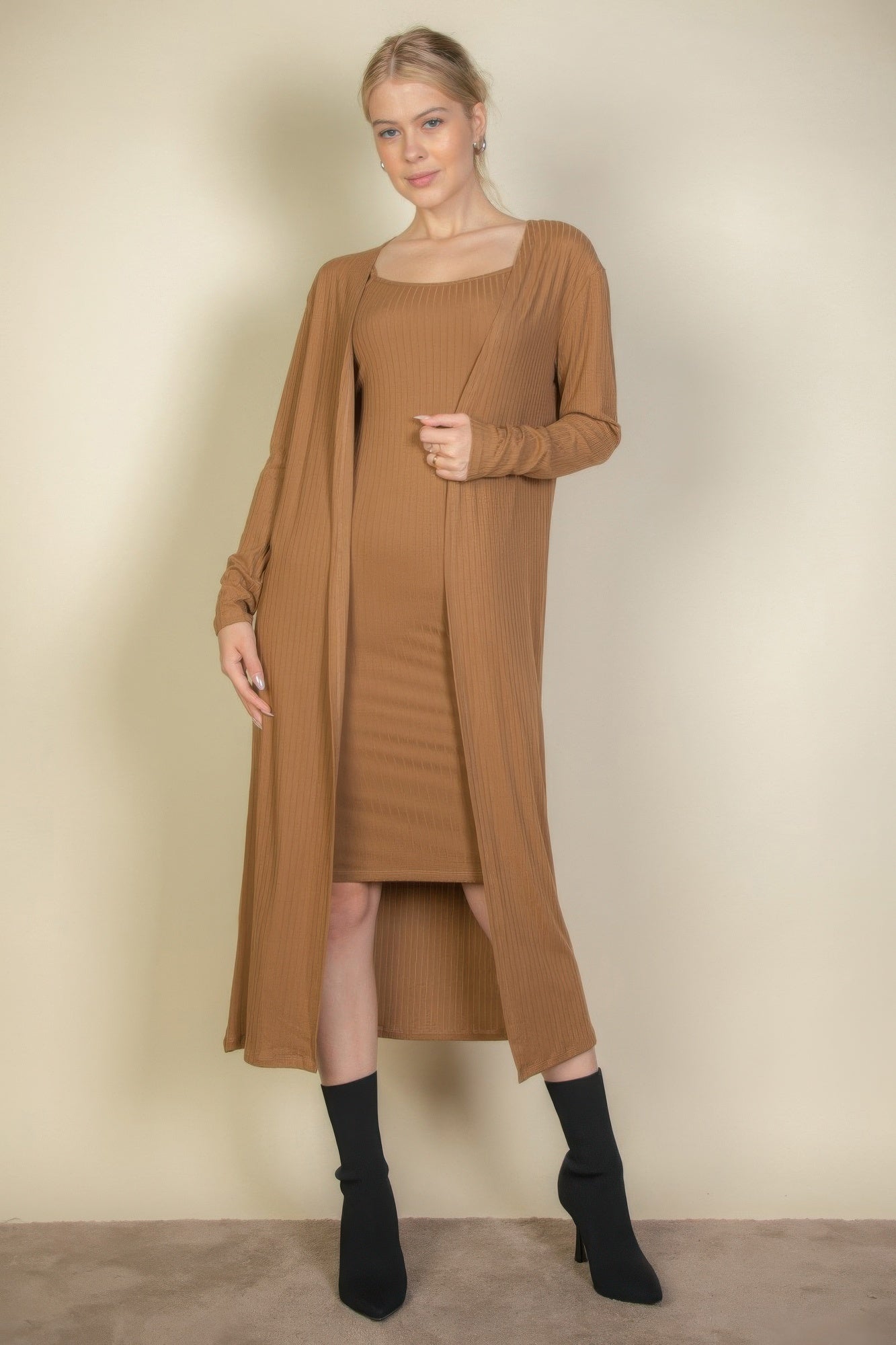 Ribbed Cami Dress Cardigan Set - Mocha