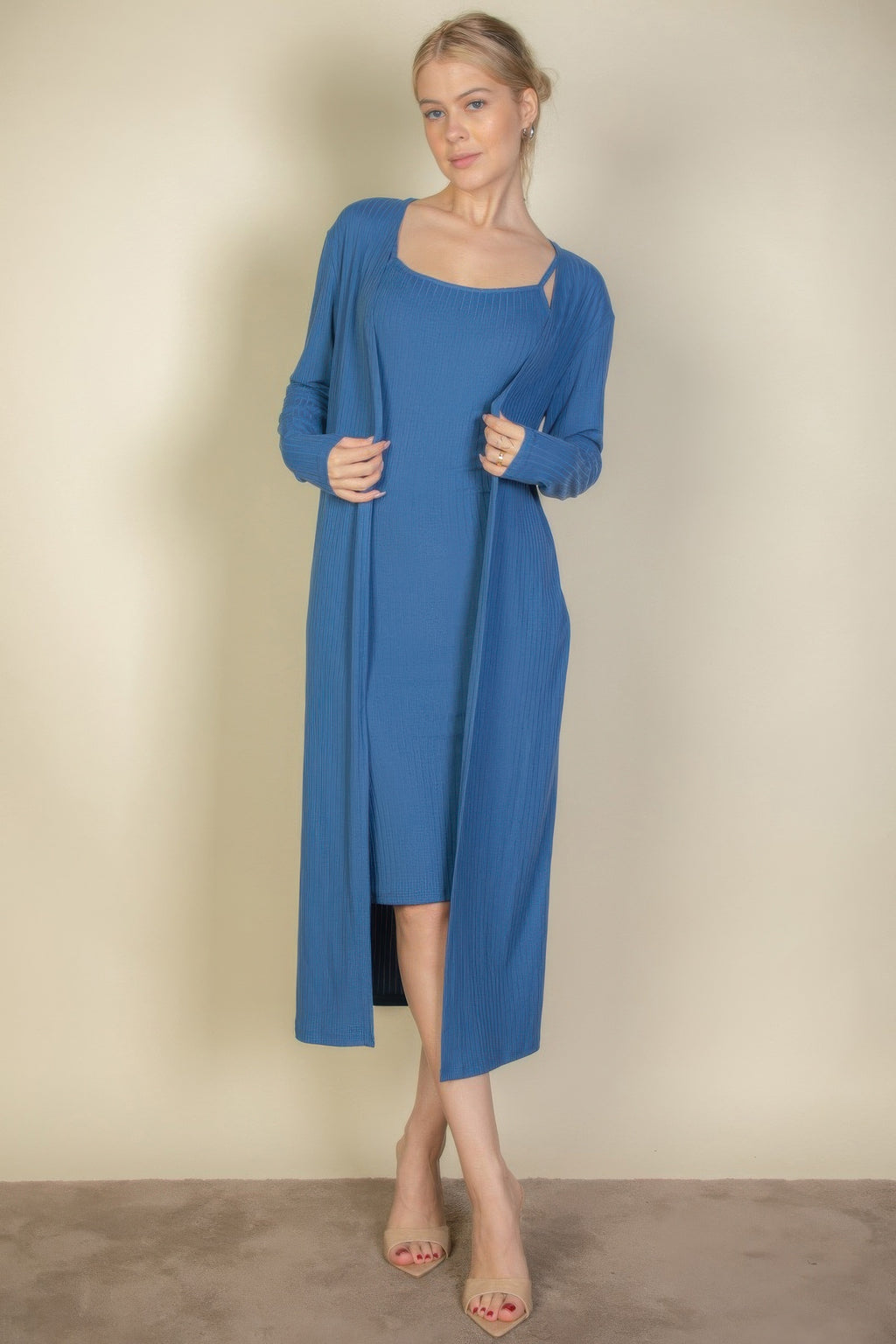 Ribbed Cami Dress Cardigan Set - Blue Haze