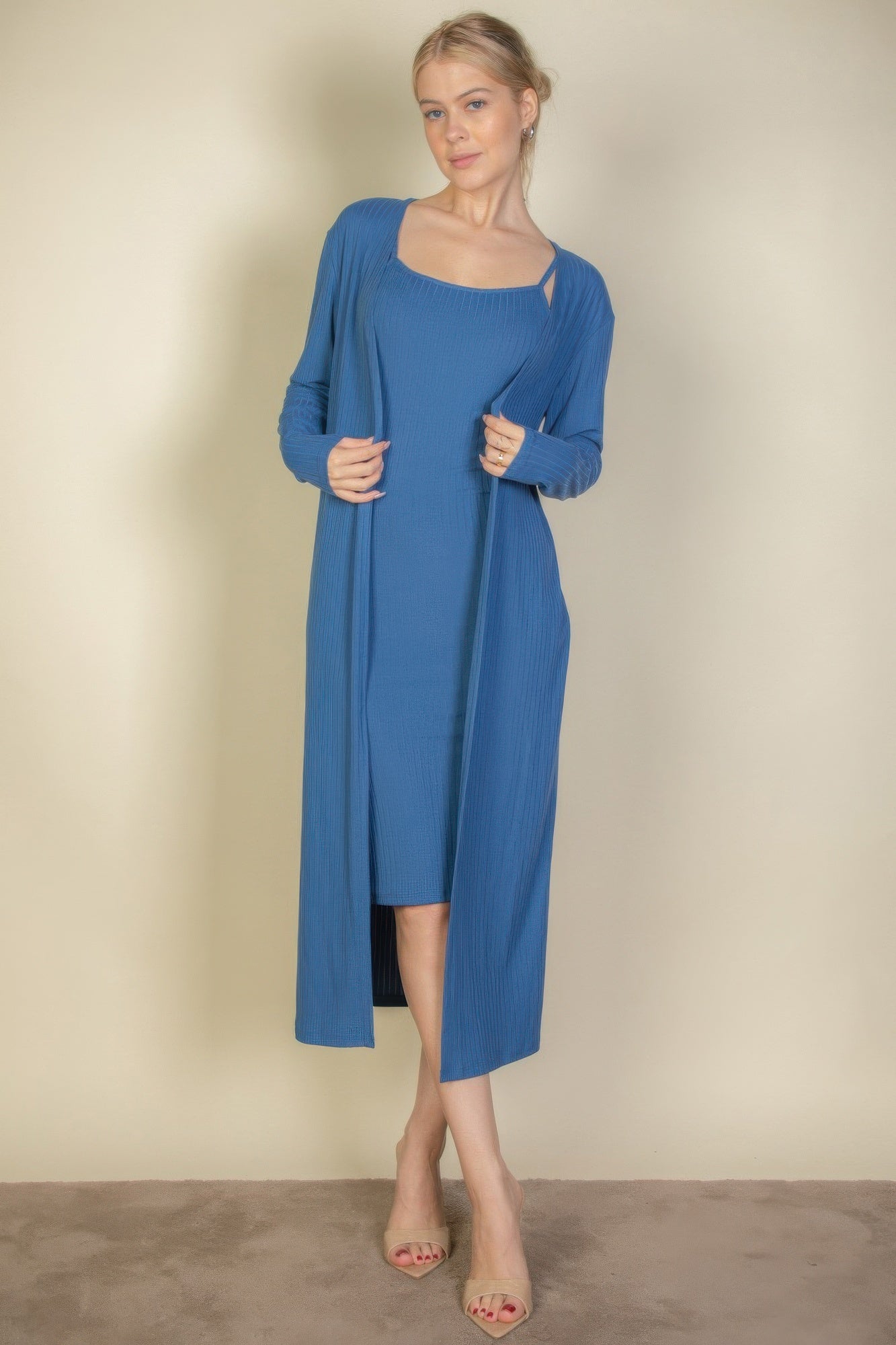 Ribbed Cami Dress Cardigan Set - Blue Haze