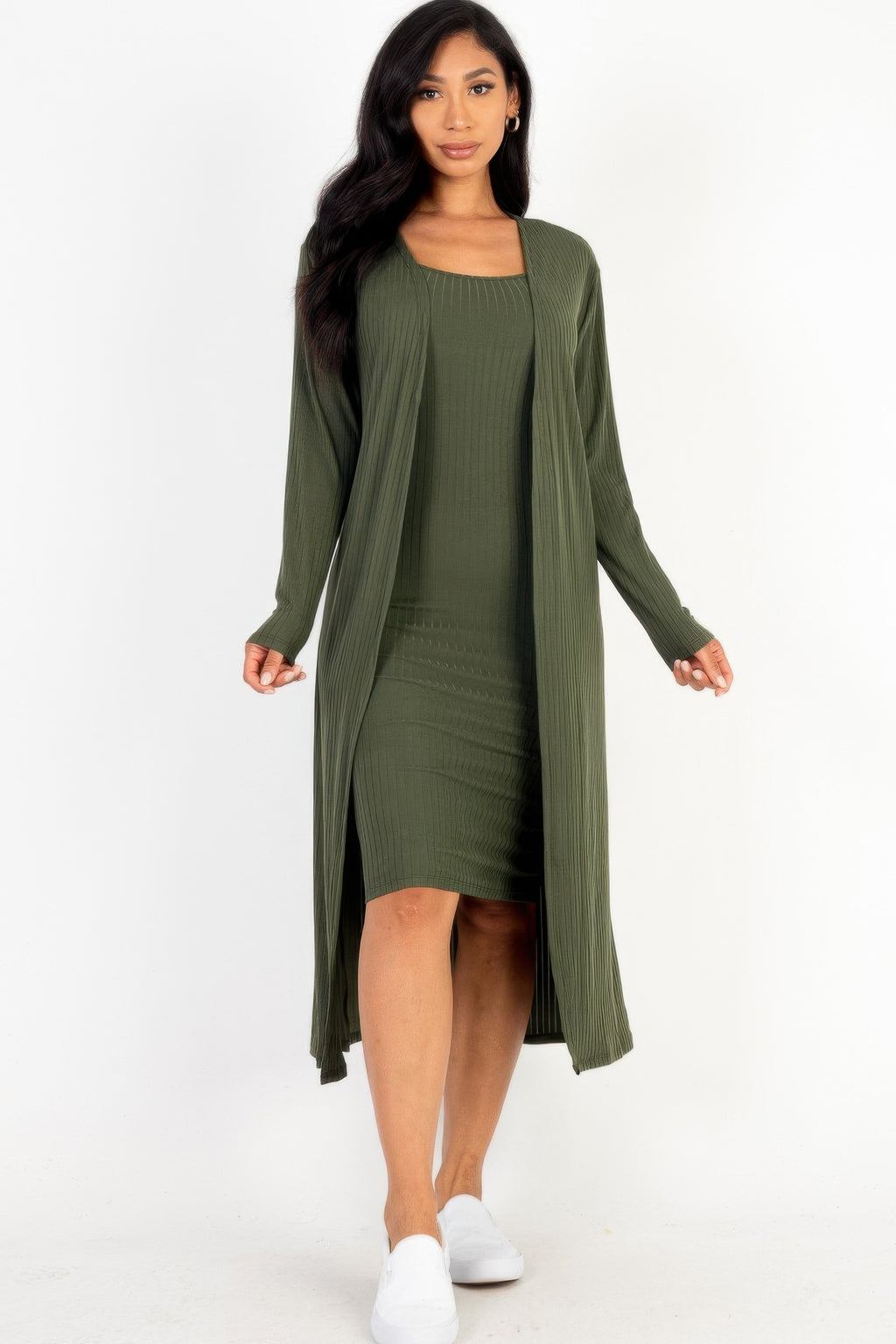 Ribbed Cami Dress Cardigan Set - Olive