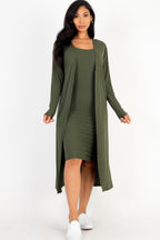 Ribbed Cami Dress Cardigan Set - Olive