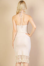 Ribbed Halter Fringe Midi Dress -