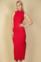 Ribbed Mock Neck Bodycon Maxi Dress - Red