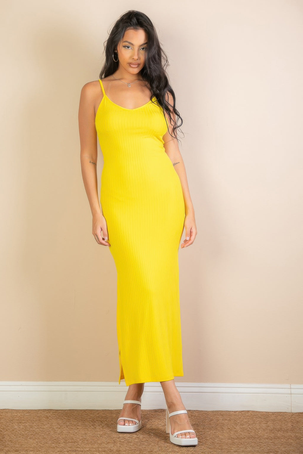Ribbed Side Slit Maxi Dress - Yellow