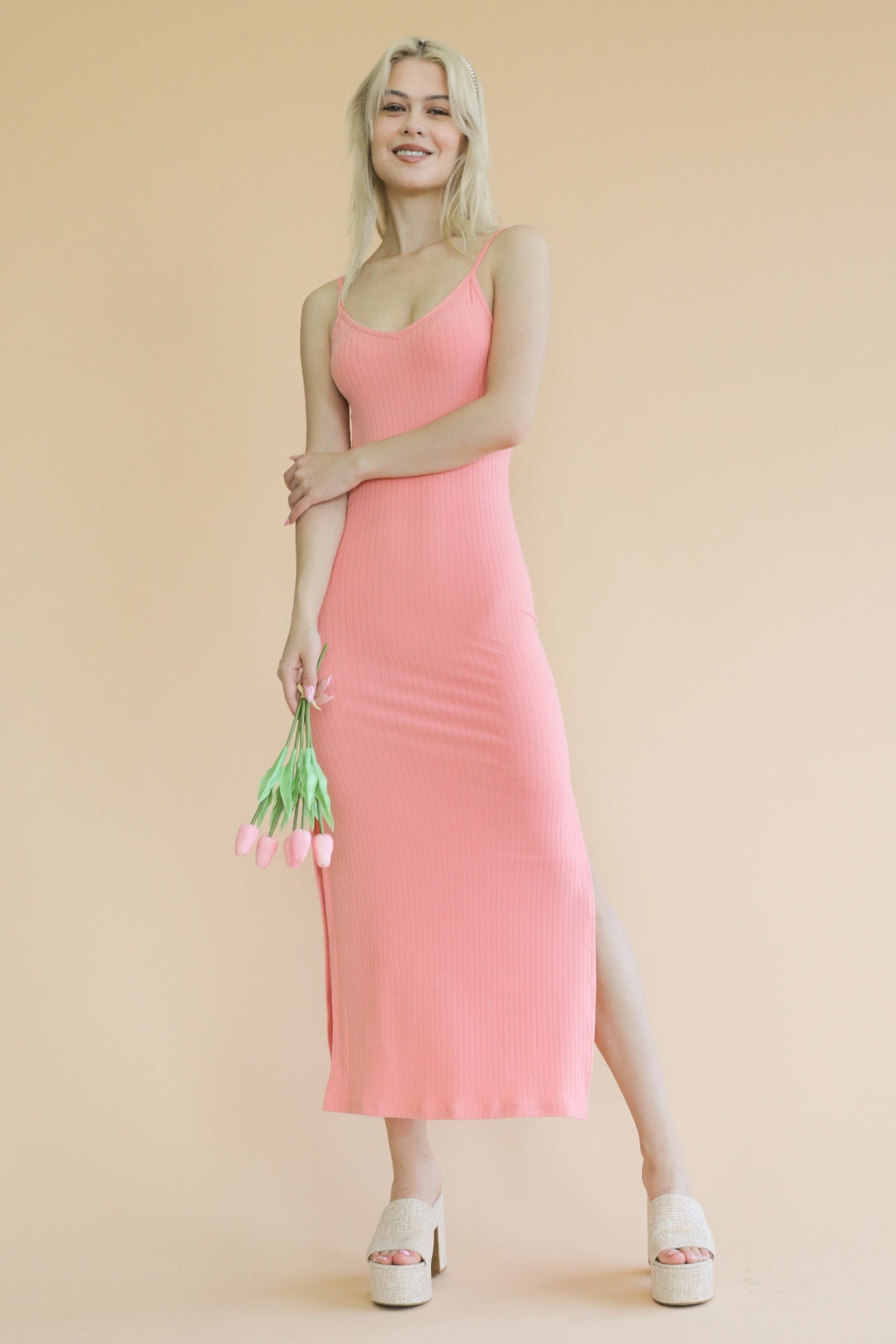 Ribbed Side Slit Maxi Dress - Salmon