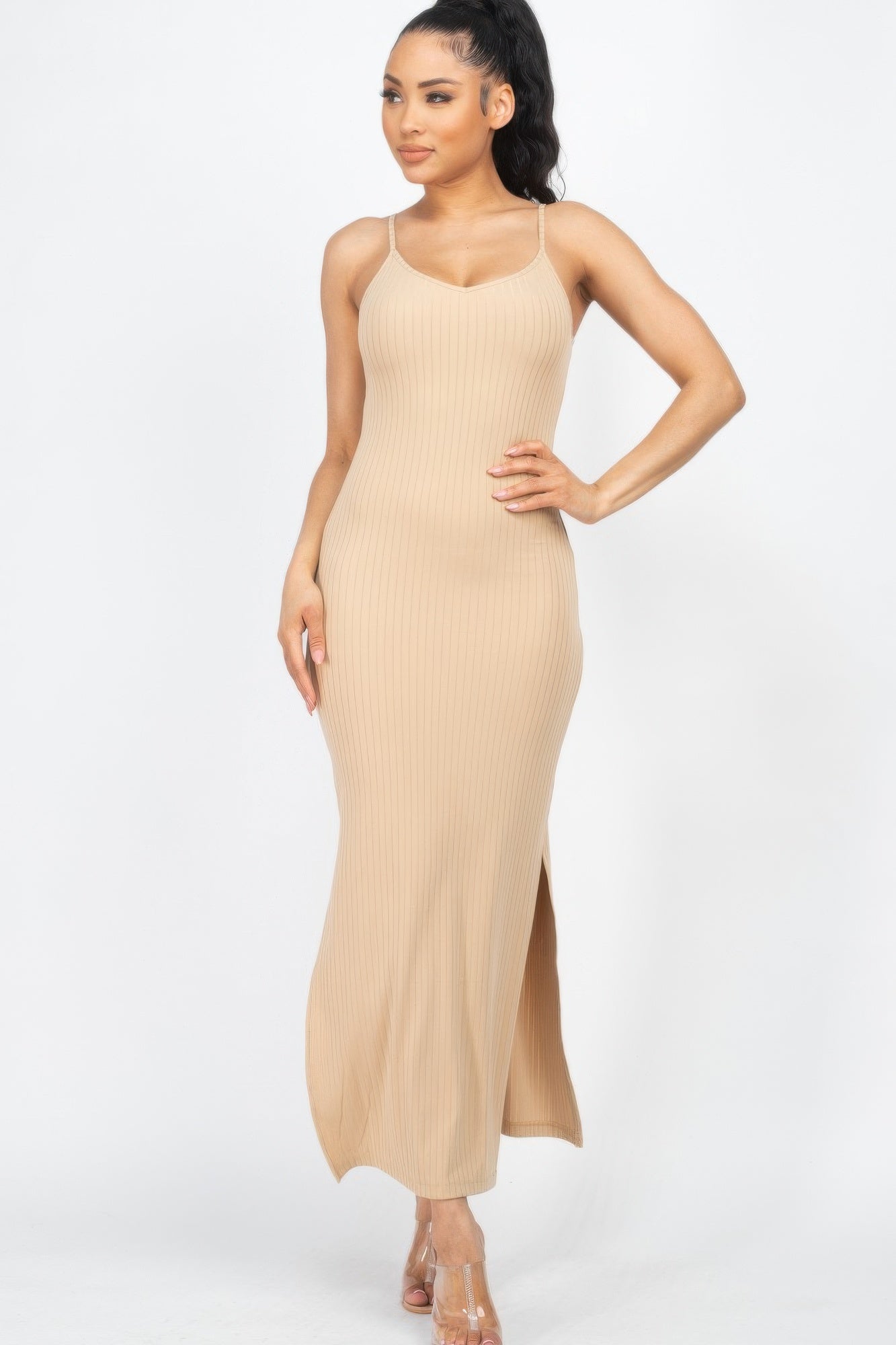 Ribbed Side Slit Maxi Dress - Khaki