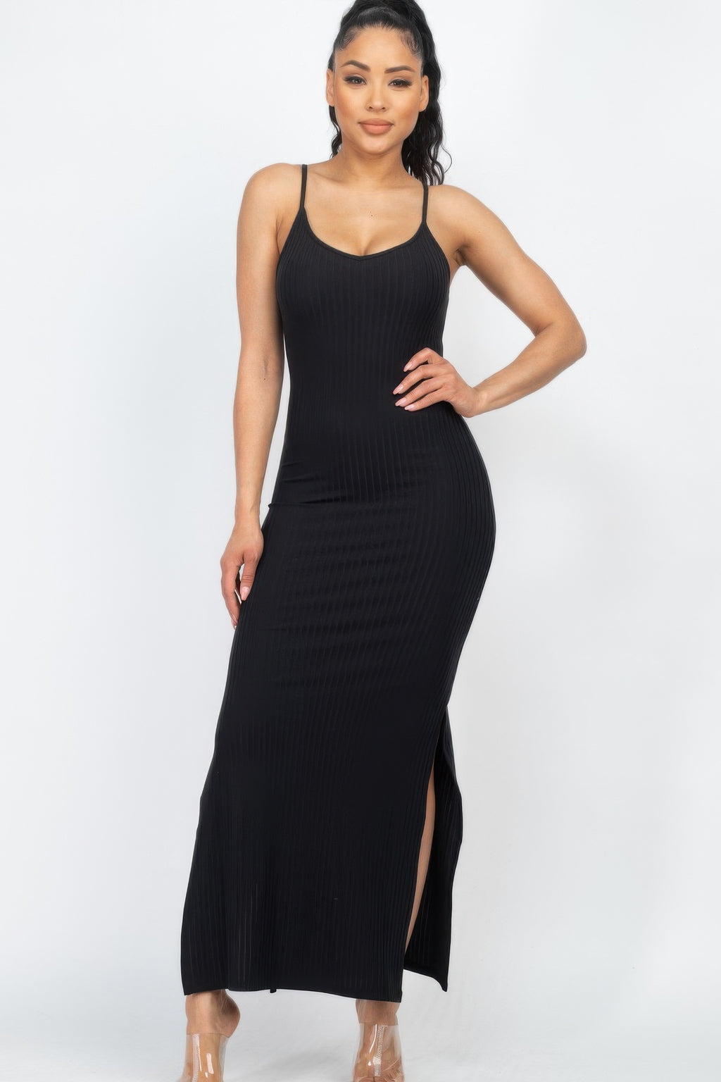 Ribbed Side Slit Maxi Dress - Black