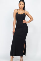 Ribbed Side Slit Maxi Dress - Black