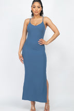 Ribbed Side Slit Maxi Dress - Blue haze