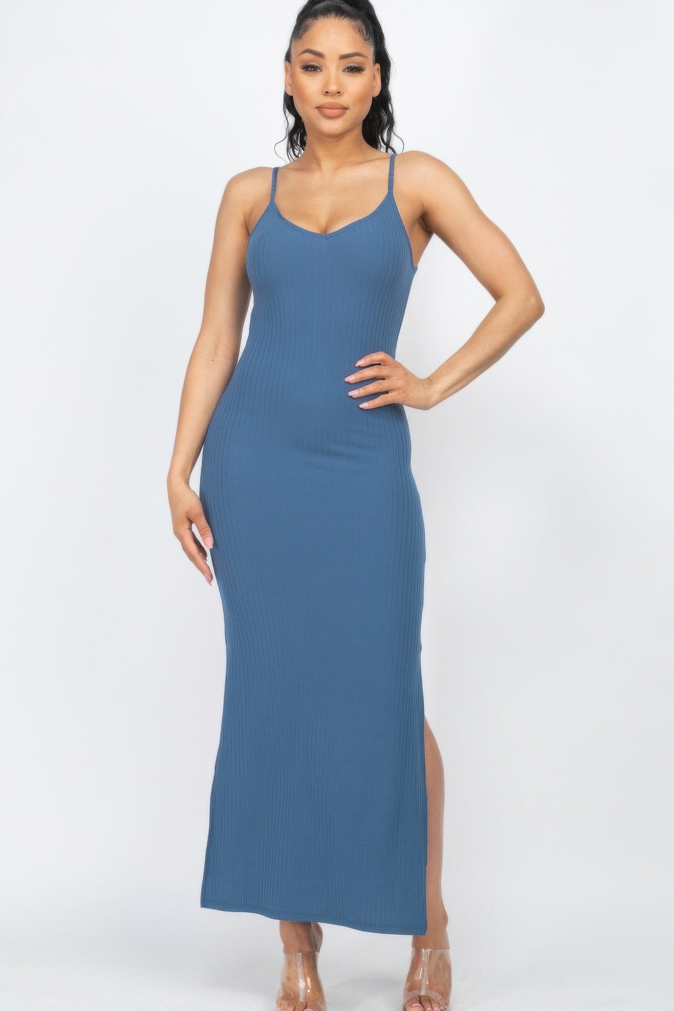 Ribbed Side Slit Maxi Dress - Blue haze