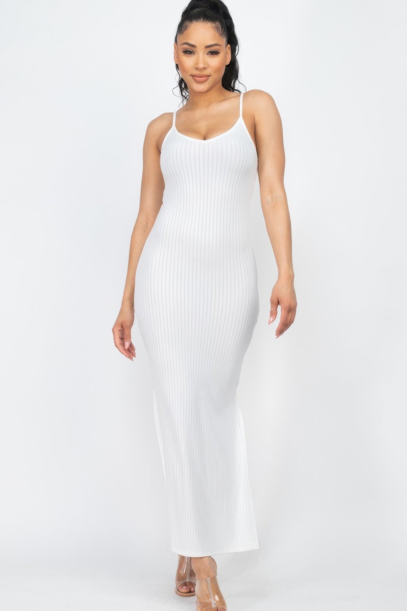 Ribbed Side Slit Maxi Dress - White